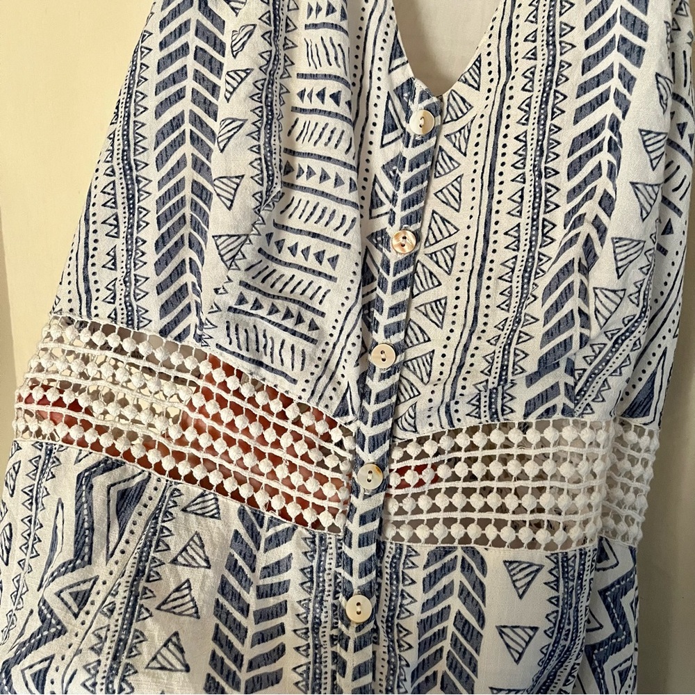 Miss Me Blue & White V-neck Sleeveless Crochet Waist Racerback Dress, Size L - Picture 5 of 11